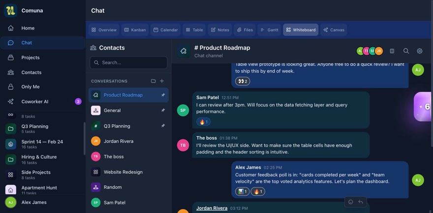 Comuna built-in chat with project channels and direct messages