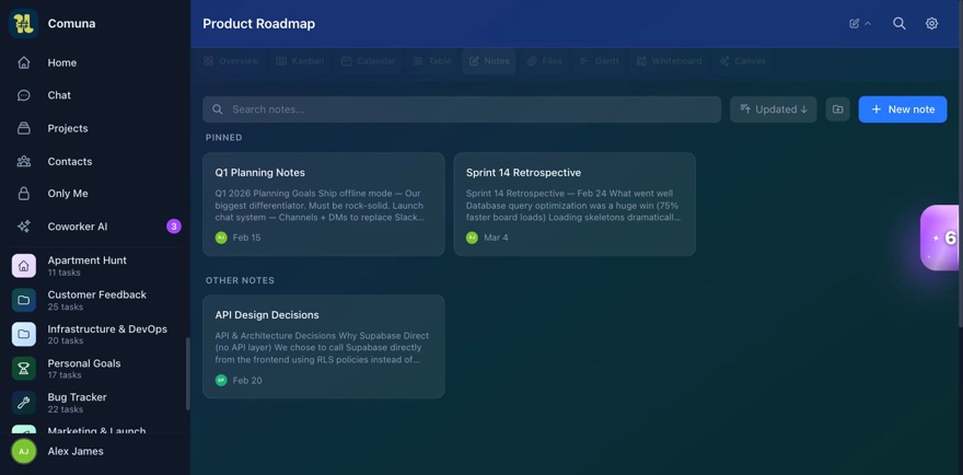 Comuna notes and wiki editor inside the project workspace